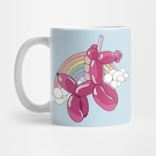 A light and dark pink unicorn balloon with a ballon rainbow and balloon clouds behind it. Mug